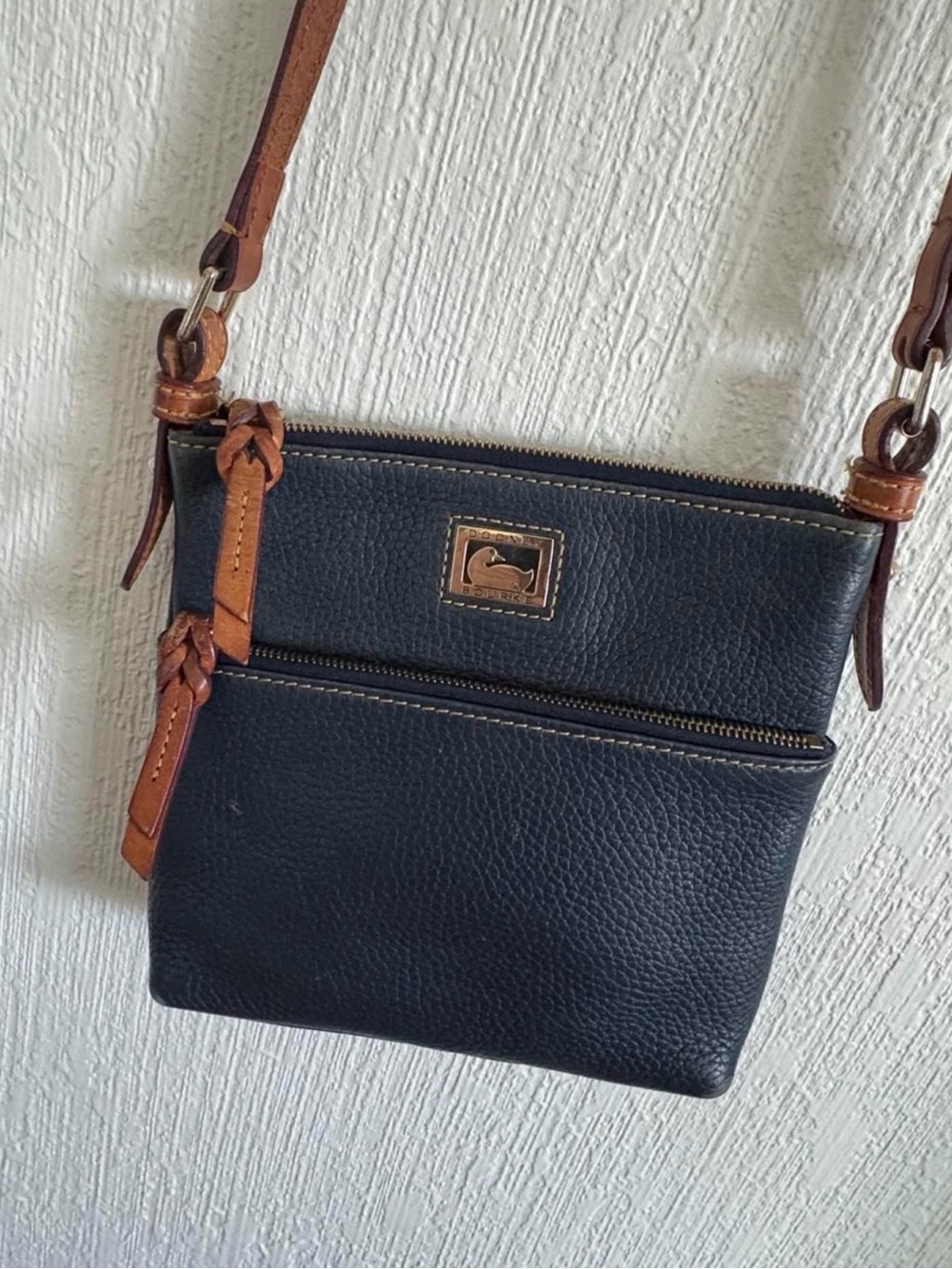 Dooney & Bourke Navy Pebbled Leather Crossbody with Tan Trim